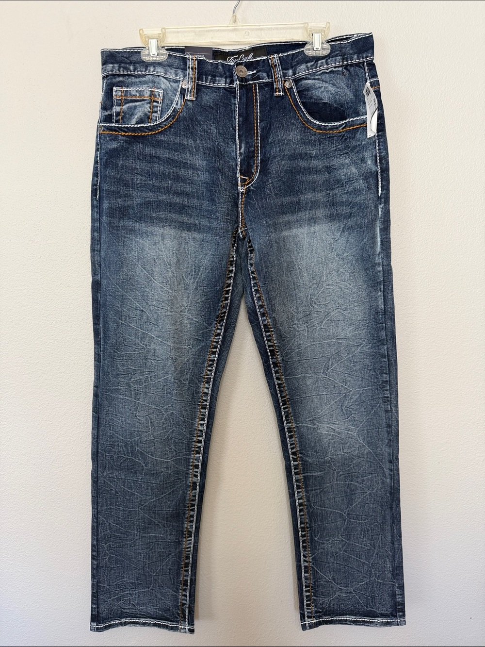 True Luck Men's Straight Jeans in Distressed Dark Blue - Classic Fit 34/32